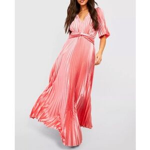 Satin Pleated Angel Sleeve Maxi Dress – 10